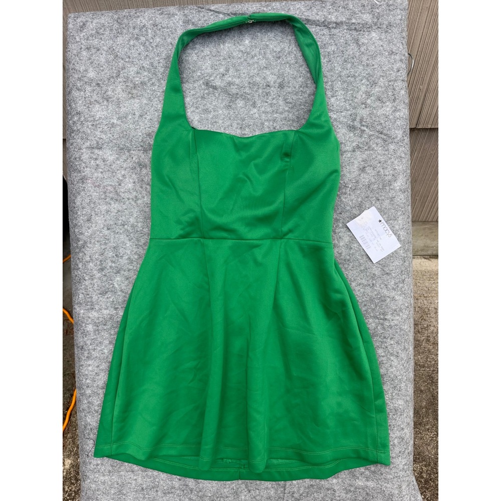 Seni & Cade Green Halter Mini Dress Gold Pearl Zipper 30102 Size M NEW